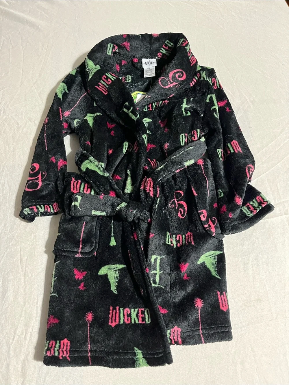 Wicked Logo Plush Kids Pajama Robe - Black with Pink & Green Size 6 NWT